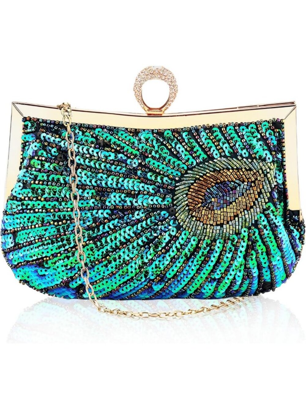 Vintage Beaded Peacock Evening Clutch Purse, Sequined Crossbody Handbag with